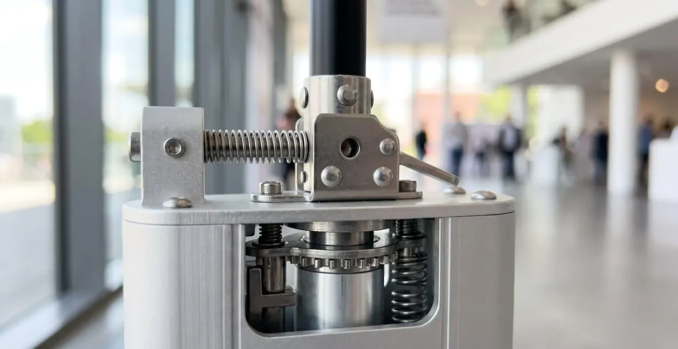 Gros plan sur le mécanisme d'enroulement métallique d'un roll-up professionnel, montrant le système de fixation du mât télescopique et la base en aluminium