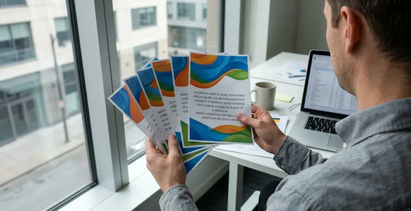 Un professionnel vu de dos examine des flyers fraîchement imprimés près d'une fenêtre de bureau, tenant les documents à contre-jour pour vérifier la netteté des couleurs et la qualité d'impression