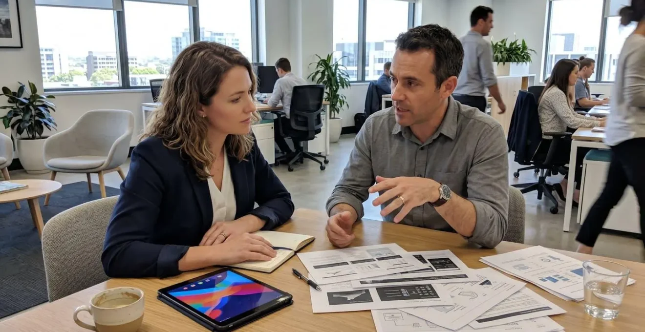 Deux professionnels en open space examinent côte à côte des échantillons d'impression posés sur un bureau, l'un désignant un détail pendant que l'autre prend des notes