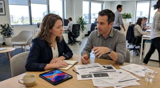 Deux professionnels en open space examinent côte à côte des échantillons d'impression posés sur un bureau, l'un désignant un détail pendant que l'autre prend des notes
